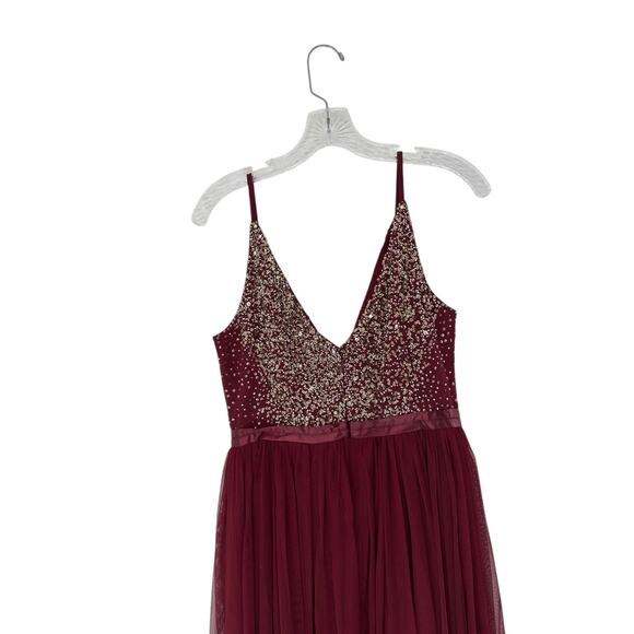 BHLDN Avery Beaded Tulle Gown Burgundy Formal Evening Maxi Dress Size 8 - Picture 8 of 12